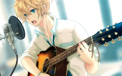 Kagamine Len com guitarra, mang&#225;, Vocaloid, Kagamine Len, Vocaloid caracteres, Len Kagamine, obras de arte, Kagamine Len Vocaloid
