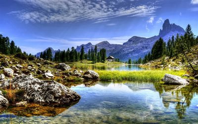Federa Lago, 4k, la hermosa naturaleza, verano, monta&#241;a, Lago Federa, Belluno, Italia, Europa, Dolomitas, HDR