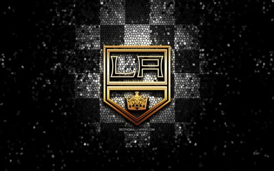 los angeles kings, glitter, logo, nhl, grau-schwarz karierten hintergrund, usa, amerikanische eishockey-team, los angeles kings logo -, mosaik-kunst, hockey, amerika, la kings