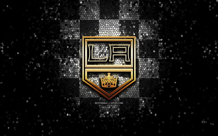 Los Angeles Kings, glitter-logo, NHL, harmaa-musta ruudullinen tausta, USA, american hockey team, Los Angeles Kings logo, mosaiikki taidetta, j&#228;&#228;kiekko, Amerikassa, LA Kings