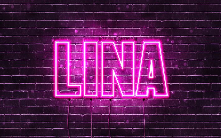Lina, 4k, des fonds d&#39;&#233;cran avec des noms, des noms f&#233;minins, Lina nom, violet n&#233;on, Joyeux Anniversaire Lina, une photo avec le nom Lina
