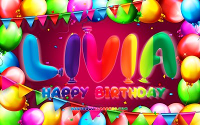 お誕生日おめでリビア, 4k, カラフルバルーンフレーム, リビア名, 紫色の背景, リビアお誕生日おめで, リビアの誕生日, 人気のオランダの女性の名前, 誕生日プ, リビア