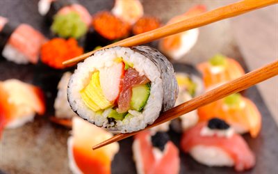 Maki, 4k, macro, comida asi&#225;tica, sushi, fastfood, sushi em varas