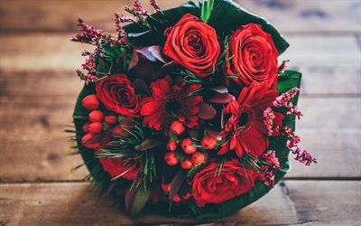 mariage bouquet de roses rouges, rouge chrysanth&#232;mes, roses rouges, bouquet de mariage, de belles fleurs rouges, rouge