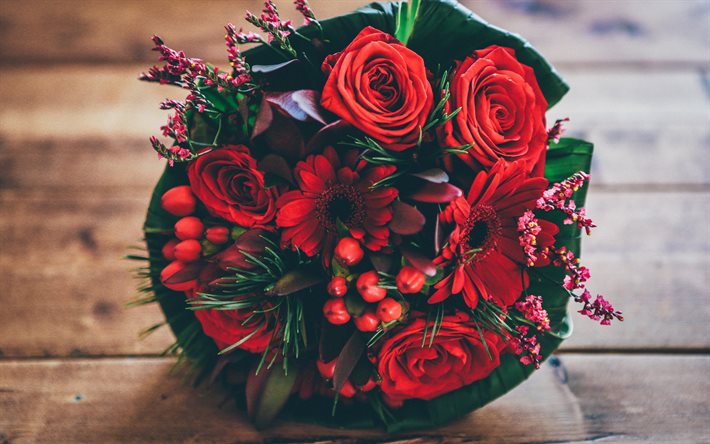 ramo de novia de rosas rojas, rojo crisantemos, rosas rojas, ramo de novia, hermosas flores de color rojo, rojo ramo de flores de la boda