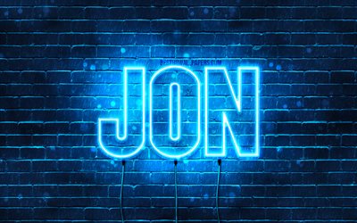 Jon, 4k, les papiers peints avec les noms, le texte horizontal, Jon nom, Joyeux Anniversaire Jon, bleu n&#233;on, photo avec Jon nom