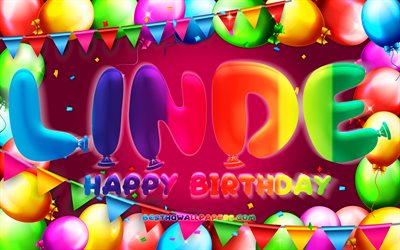 Happy Birthday Linde, 4k, colorful balloon frame, Linde name, purple background, Linde Happy Birthday, Linde Birthday, popular dutch female names, Birthday concept, Linde