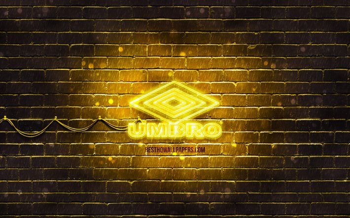 Umbro logo jaune, 4k, jaune brickwall, logo Umbro, de marques de sport, Umbro n&#233;on logo Umbro