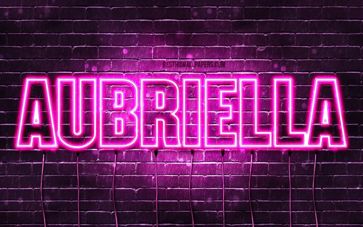 Aubriella, 4k, tapeter med namn, kvinnliga namn, Aubriella namn, lila neon lights, Grattis P&#229; F&#246;delsedagen Aubriella, bild med Aubriella namn