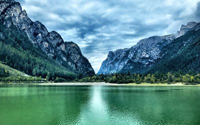 Lago Dobbiaco, HDR, bela natureza, ver&#227;o, montanhas, Toblacher Ver, Belluno, It&#225;lia, Europa, Tirol Do Sul, O lago de Dobbiaco