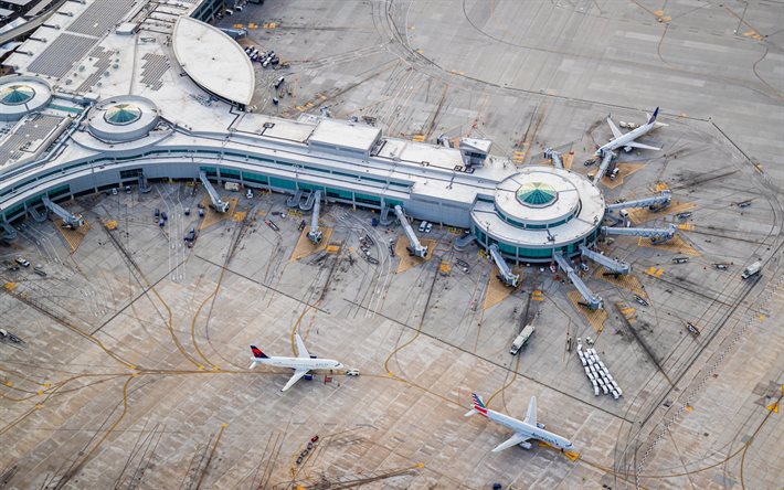 Aeroporto Internazionale di San Diego, vista dall&#39;alto, veduta aerea, aerei passeggeri, Lindbergh Field, aeroporto, l&#39;aeroporto internazionale di San Diego, California, USA