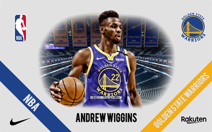 Andrew Wiggins, Golden State Warriors, Canadian Basketball Player, NBA, portrait, USA, basketball, Chase Center, Golden State Warriors logo