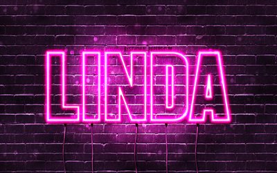Linda, 4k, fondos de pantalla con los nombres, los nombres femeninos, Linda nombre, p&#250;rpura luces de ne&#243;n, Feliz Cumplea&#241;os Linda, Linda foto con nombre