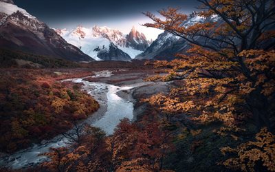 Andes, mountain landscape, mountain river, evening, sunset, mountains, Patagonia, Chile