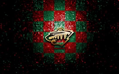 Minnesota Wild, glitter logo, NHL, red green checkered background, USA, american hockey team, Minnesota Wild logo, mosaic art, hockey, America