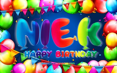 お誕生日おめでNiek, 4k, カラフルバルーンフレーム, Niek名, 青色の背景, Niekお誕生日おめで, Niek誕生日, 人気のオランダの男性の名前, 誕生日プ, た