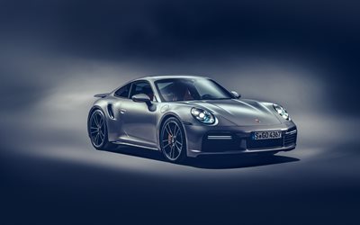 4k, Porsche 911 Turbo S, studio, 2020 autovetture, supercar, Grigio Porsche 911, auto tedesche, Porsche