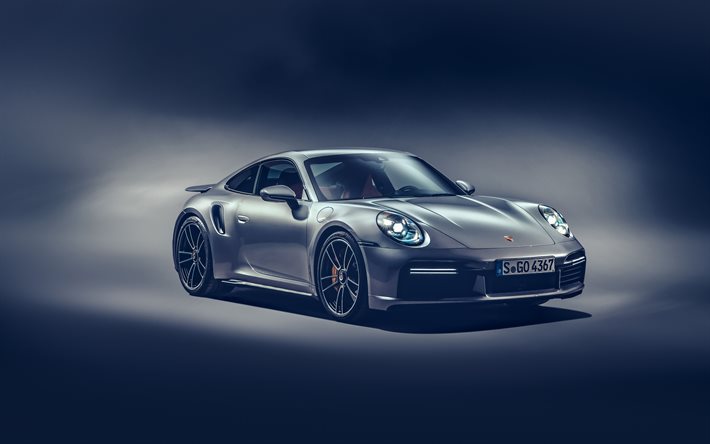 4k, Porsche 911 Turbo S, studio, 2020 carros, supercarros, Cinza Porsche 911, carros alem&#227;es, Porsche