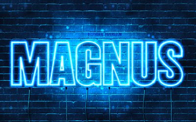 Grande, 4k, pap&#233;is de parede com os nomes de, texto horizontal, Magnus nome, Feliz Anivers&#225;rio Magnus, luzes de neon azuis, imagem com Magnus nome