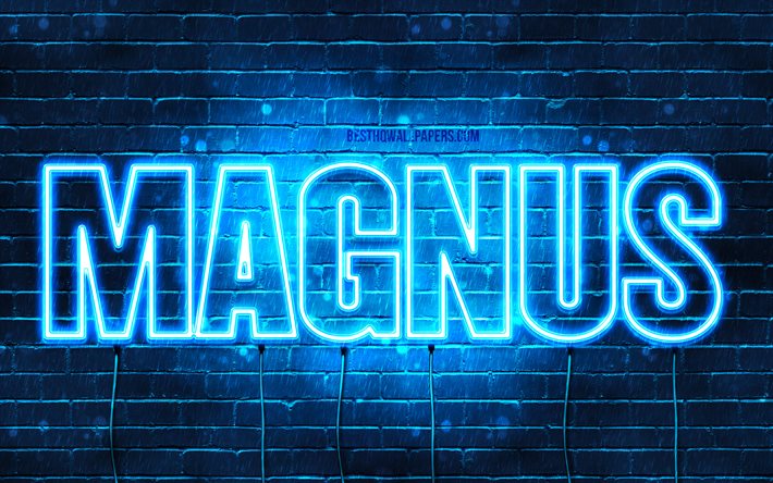 Suuri, 4k, taustakuvia nimet, vaakasuuntainen teksti, Magnus nimi, Hyv&#228;&#228; Syntym&#228;p&#228;iv&#228;&#228; Magnus, blue neon valot, kuva Magnus nimi