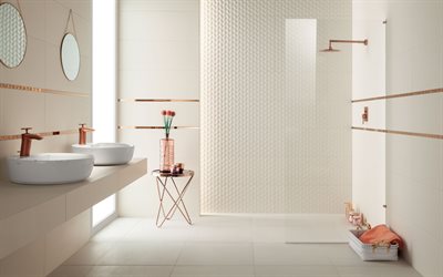 moderno e elegante casa de banho, torneiras de cobre, banheiro branco interior, casa de banho projeto, moderno design interior elegante, casa de banho