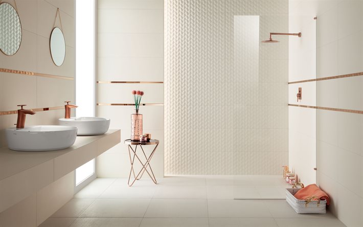 moderno, elegante bagno, rame, rubinetti, bagno, bianco, interno, bagno progetto, moderno ed elegante design degli interni