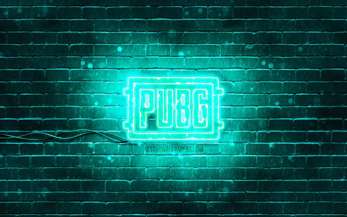 Pugb turkoosi logo, 4k, turkoosi brickwall, PlayerUnknowns Taistelutantereelta, Pugb logo, 2020-pelit, Pugb neon-logo, Pugb