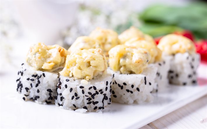 Uramaki, sushi, asiatiska livsmedel, bokeh, fastfood