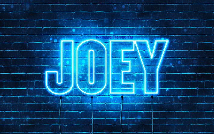 Joey, 4k, tapeter med namn, &#246;vergripande text, Joey namn, Grattis P&#229; F&#246;delsedagen Joey, bl&#229;tt neonljus, bild med Joey namn
