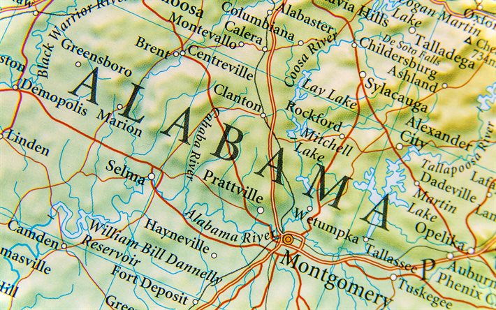 Maantieteellinen kartta, Alabama, USA, kartat amerikan valtioiden, maantieteellinen kartta
