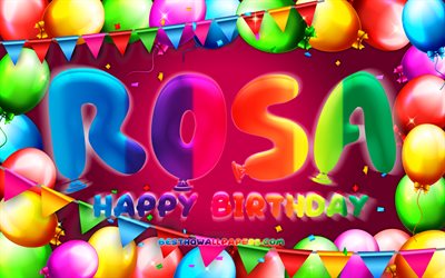 Doğum g&#252;n&#252;n kutlu olsun Rosa, 4k, renkli balon &#231;er&#231;eve, Rosa adı, mor arka plan, Rosa Doğum g&#252;n&#252;, pop&#252;ler Hollandalı kadın isimleri, Doğum g&#252;n&#252; kavramı, Rosa