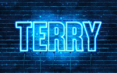 Terry, 4k, sfondi per il desktop con i nomi, il testo orizzontale, Terry nome, Felice Compleanno di Terry, neon blu, immagine con nome Terry