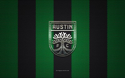 Austin FC logo, American soccer club, metal emblem, green-black metal mesh background, Austin FC, USL, Austin, Texas, USA, soccer