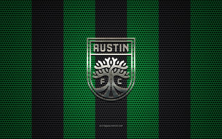 Austin FC logosu, Amerikan Futbol Kul&#252;b&#252;, metal amblem, yeşil-siyah metal mesh arka plan, Austin FC, USL, Austin, Texas, USA, futbol