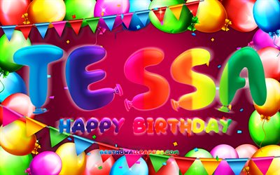 Happy Birthday Tessa, 4k, colorful balloon frame, Tessa name, purple background, Tessa Happy Birthday, Tessa Birthday, popular dutch female names, Birthday concept, Tessa
