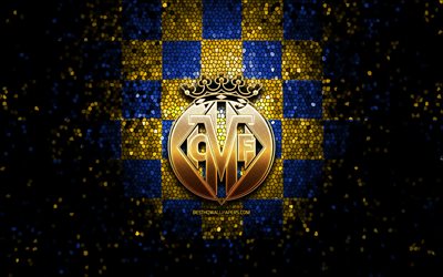 Villarreal FC, glitter logo, La Liga, blue yellow checkered background, soccer, Villarreal CF, spanish football club, Villarreal logo, mosaic art, football, LaLiga, Spain