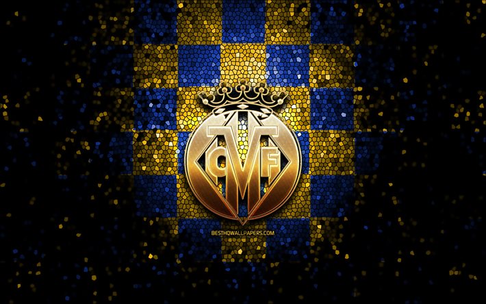 Villarreal FC, glitter logo, La Liga, blue yellow checkered background, soccer, Villarreal CF, spanish football club, Villarreal logo, mosaic art, football, LaLiga, Spain