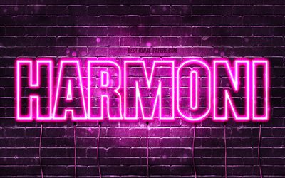 Harmoni, 4k, tapeter med namn, kvinnliga namn, Harmoni namn, lila neon lights, Grattis P&#229; F&#246;delsedagen Harmoni, bild med Harmoni namn