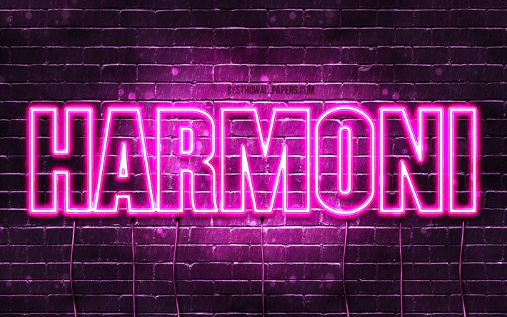 Harmoni, 4k, pap&#233;is de parede com os nomes de, nomes femininos, Harmoni nome, roxo luzes de neon, Feliz Anivers&#225;rio Harmoni, imagem com nome de Harmoni