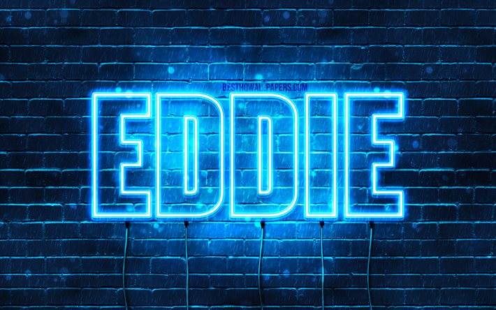 Eddie, 4k, taustakuvia nimet, vaakasuuntainen teksti, Eddie nimi, Hyv&#228;&#228; Syntym&#228;p&#228;iv&#228;&#228; Eddie, blue neon valot, kuva jossa Eddie nimi