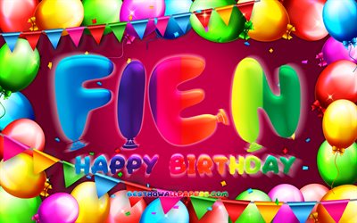 Happy Birthday Fien, 4k, colorful balloon frame, Fien name, purple background, Fien Happy Birthday, Fien Birthday, popular dutch female names, Birthday concept, Fien