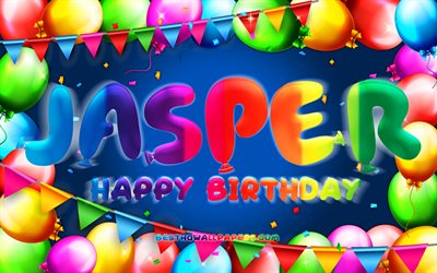 Buon Compleanno Jasper, 4k, palloncino colorato telaio, Jasper nome, sfondo blu, Jasper buon Compleanno, Jasper Compleanno, popolare olandese nomi maschili, feste di Compleanno, concetto, Jasper