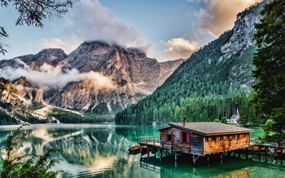 Lake Braies, morning, forest, mountain lake, mountains, Lago Di Braies, beautiful nature, Pragser Wildsee, South Tyrol, Italy, Europe, Dolomites, italian nature