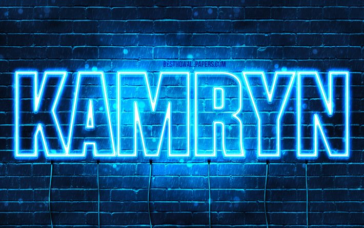 Kamryn, 4k, pap&#233;is de parede com os nomes de, texto horizontal, Kamryn nome, Feliz Anivers&#225;rio Kamryn, luzes de neon azuis, imagem com nome de Kamryn