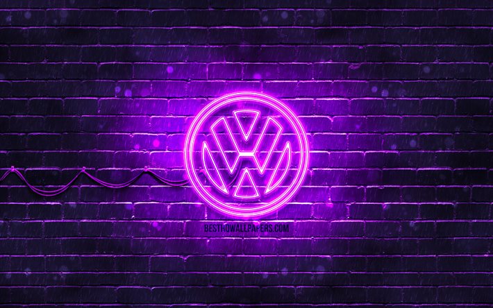 Volkswagen violet logotipo de 4k, violet pared de ladrillo, logotipo de Volkswagen, coches de las marcas, Volkswagen ne&#243;n logotipo de Volkswagen