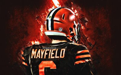 Baker Mayfield, Cleveland Browns, American football, NFL, quarterback, orange stone background, creative art, National Football League, USA