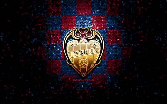 Levante FC, glitter logo, UEFA Şampiyonlar Ligi, mor, mavi arka plan, futbol, Levante UD, İspanyol Futbol Kul&#252;b&#252; Levante logo, mozaik sanatı, futbol damalı, LaLiga, İspanya