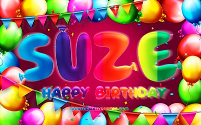Happy Birthday Suze, 4k, colorful balloon frame, Suze name, purple background, Suze Happy Birthday, Suze Birthday, popular dutch female names, Birthday concept, Suze