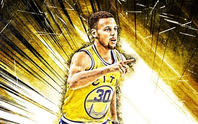 4k, Stephen Curry, grunge arte, Golden State Warriors, amarelo uniforme, estrelas de basquete, NBA, Steph Curry, basquete, amarelo resumo raios, criativo, Stephen Curry 4K