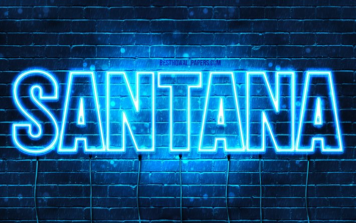 Santana, 4k, pap&#233;is de parede com os nomes de, texto horizontal, Santana nome, Feliz Anivers&#225;rio Santana, luzes de neon azuis, imagem com o nome de Santana